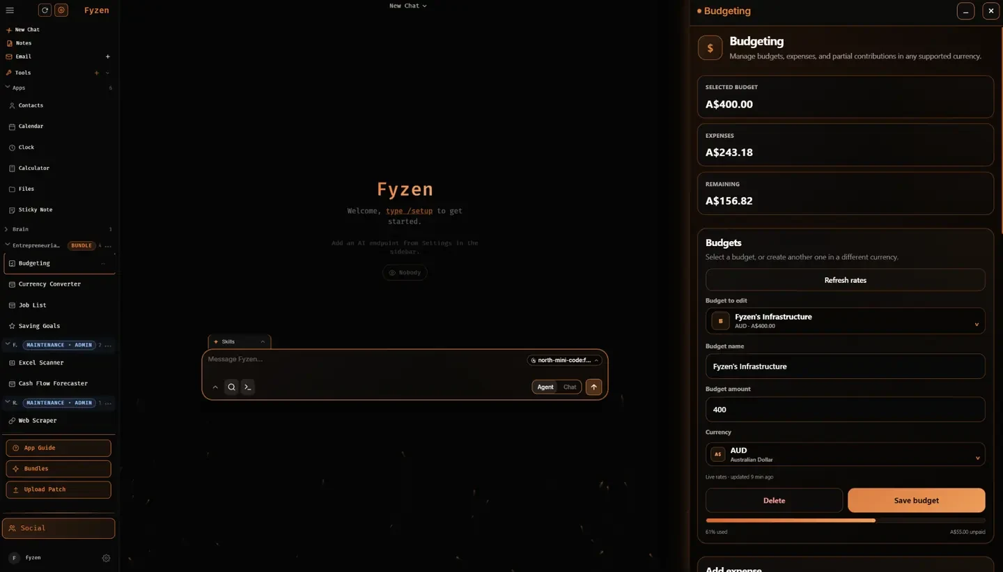 Fyzen Budgets & expenses interface; sample data