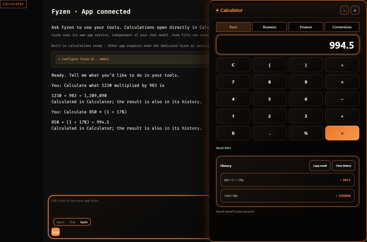 Fyzen App-connected tools interface; sample data