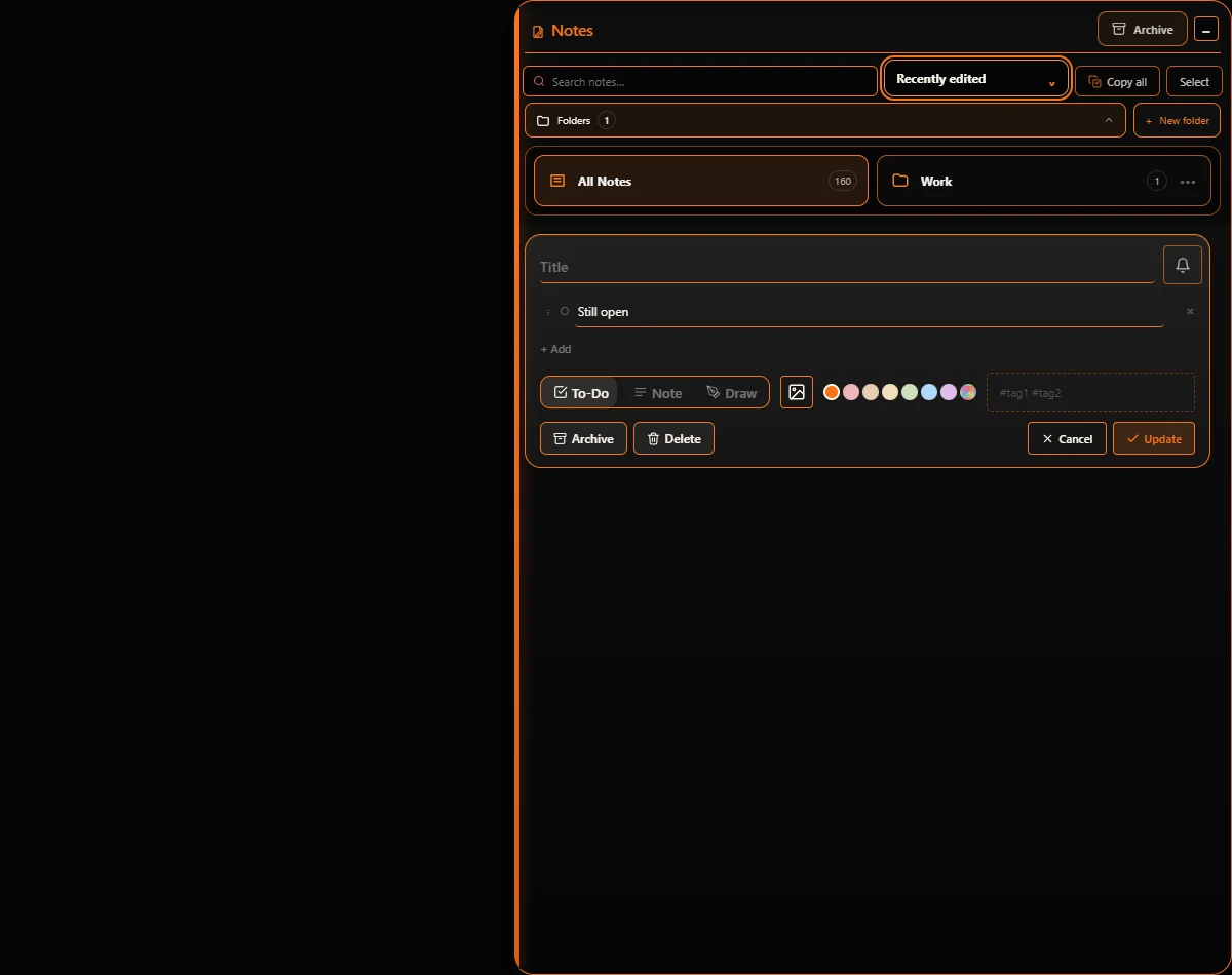 Fyzen Notes & to-dos interface; sample data