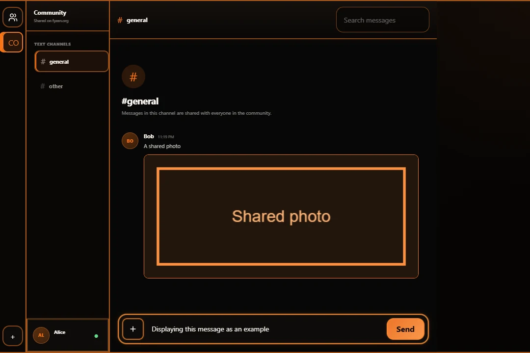 Fyzen Community channels interface; sample data